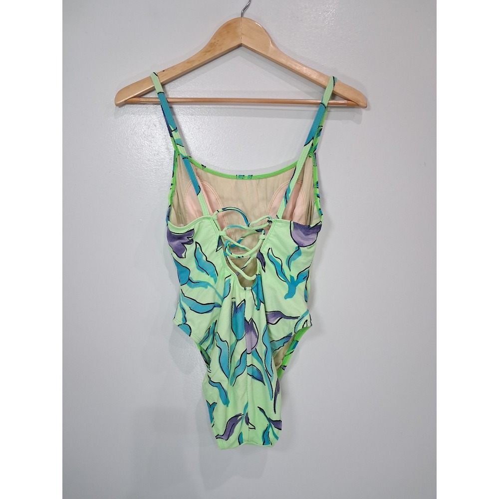 Vintage La Blanca Floral Lace Up One Piece Swimsuit Lime Green Blue Purple Sz 12 - Picture 4 of 8